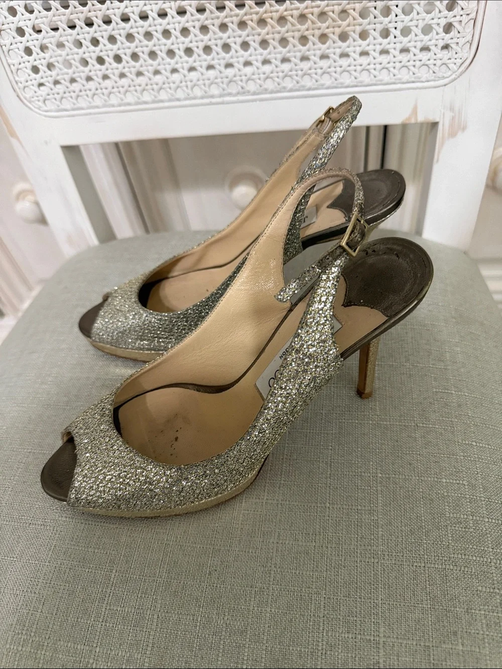 Jimmy Choo gold Glitter Peep-Toe Slingback Heels